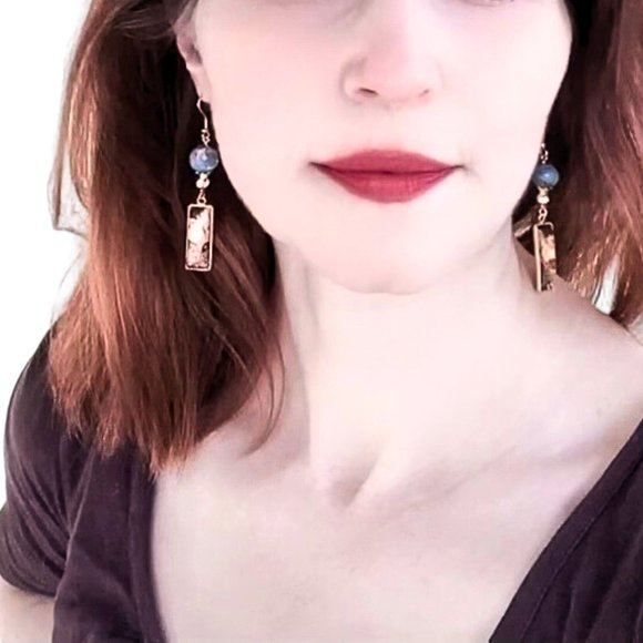 Lady with Fan Gustav Klimt Earrings Teal Stone Original Artisan Handmade Jewelry - Picture 5 of 7